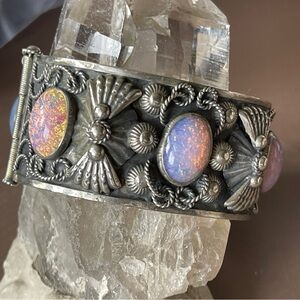 Vintage MCM Foil Opal Bracelet Italy Stamped "A.P." Hinged Pin Clasp Silver